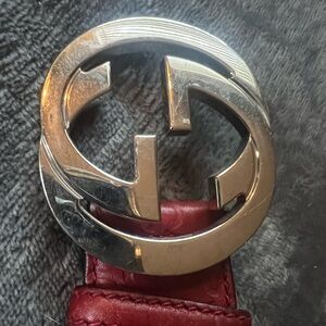 Vintage Gucci Red Leather Monogram Belt Silver Buckle 33